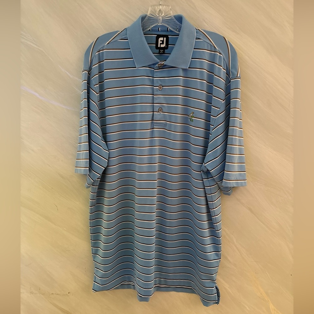 Foot Joy Men’s L Lt. Blue, Brown, White Striped Short Sleeve Polo Golf Shirt